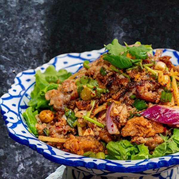 Close-up of a vibrant Thai salad with crispy pork, red onions, and fresh herbs in a decorative bowl.